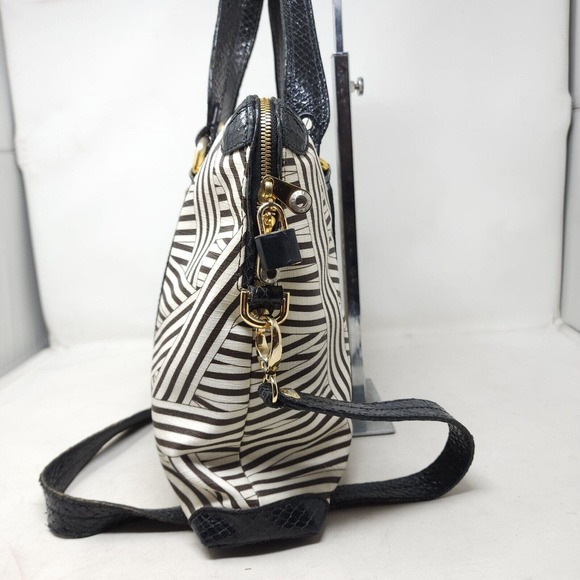 Henri Bendel Laptop Bag Disturbed Stripe Brown Black Canvas Leather Briefcase - Picture 9 of 16